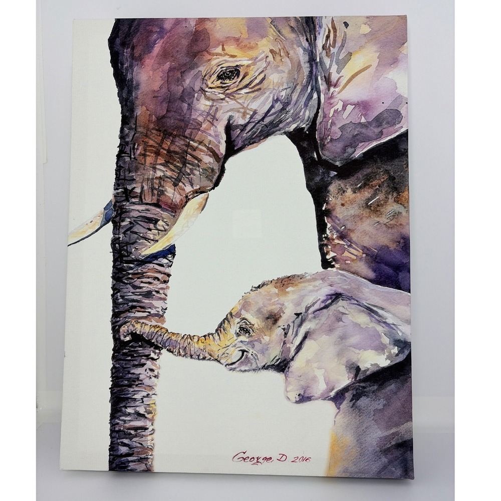 At Home Elephant Family Canvas Wall Art Watercolor Style George D 2016 Print
